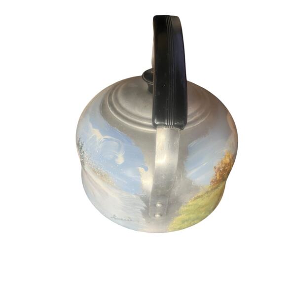 Hand Painted Vintage Teapot With Winter & Fall Scenery 9.25” Diameter - Picture 4 of 8